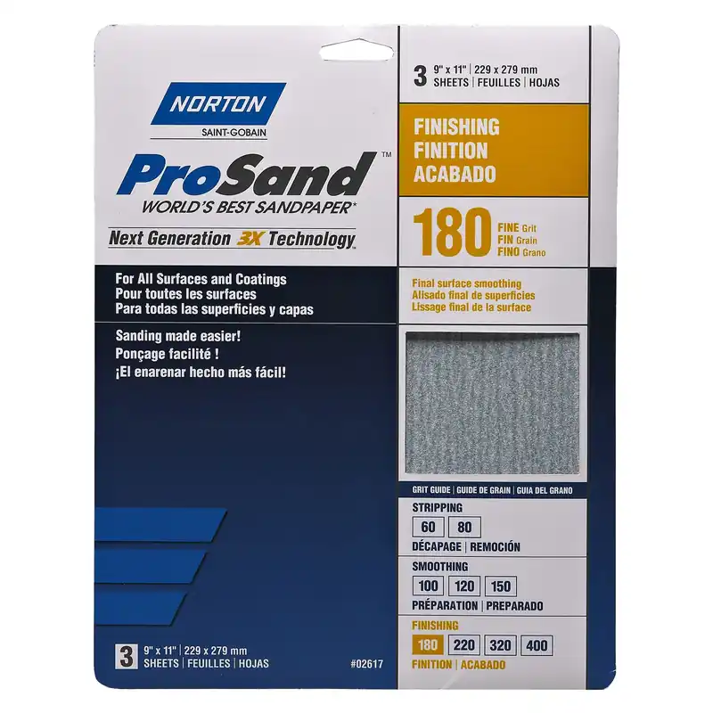 Norton ProSand 11 In. L X 9 In. W 180 Grit Aluminum Oxide Sandpaper 3 Pk