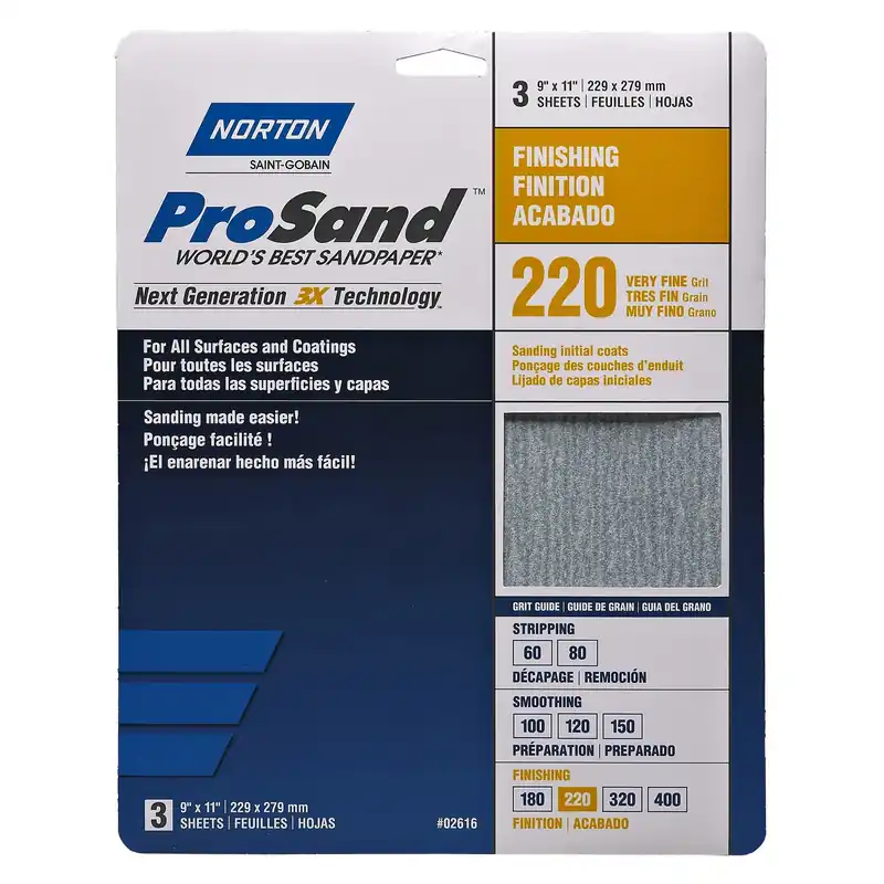 Norton ProSand 11 In. L X 9 In. W 220 Grit Aluminum Oxide Sandpaper 3 Pk