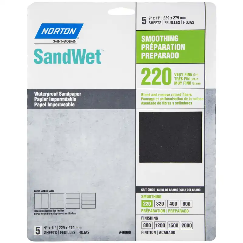 Norton SandWet 11 In. L X 9 In. W 220 Grit Aluminum Oxide Waterproof Sandpaper 5 Pk