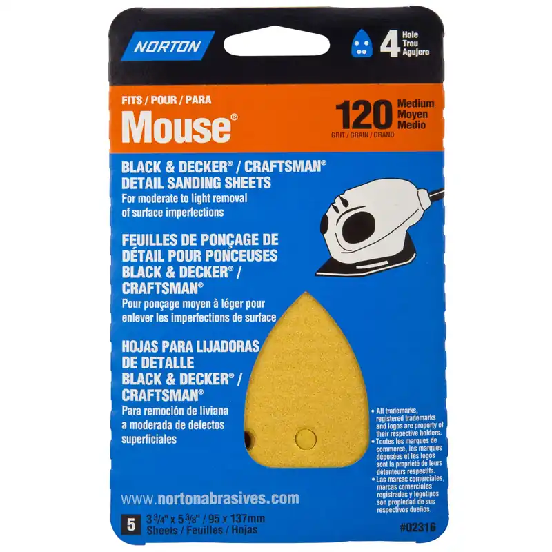 Norton 5-1/4 In. L X 3-3/4 In. W 120 Grit Aluminum Oxide Mouse Sandpaper 5 Pk