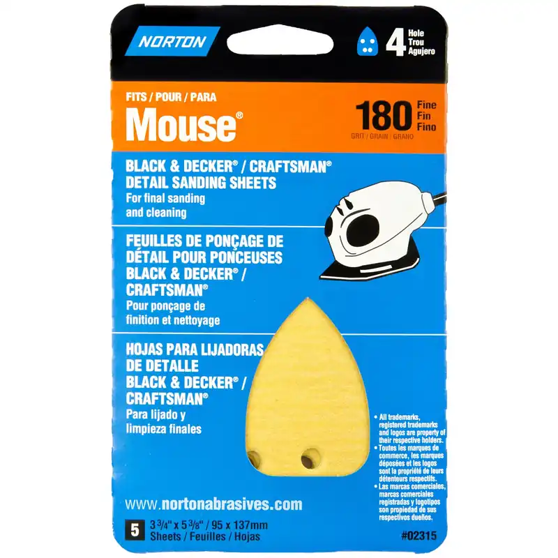 Norton 5-1/4 In. L X 3-3/4 In. W 180 Grit Aluminum Oxide Mouse Sandpaper 5 Pk