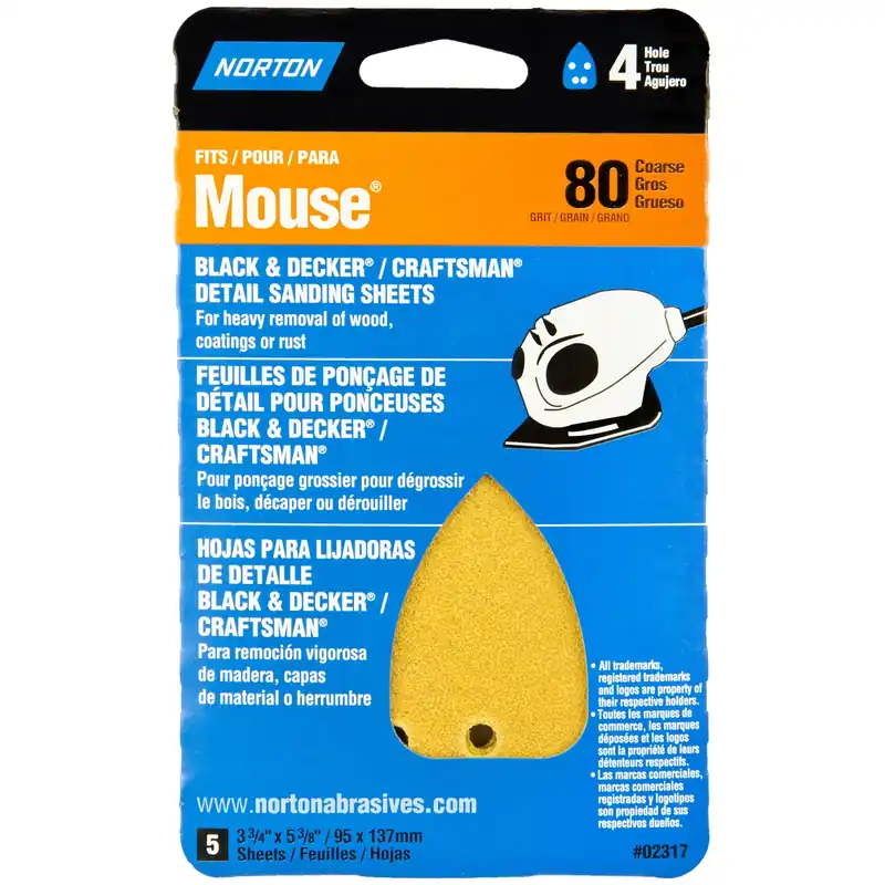 Norton 5-1/4 In. L X 3-3/4 In. W 80 Grit Aluminum Oxide Mouse Sandpaper 5 Pk