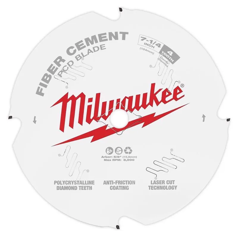 Milwaukee 7-1/4 In. D X 5/8 In. Polycrystalline Diamond Fiber Cement Blade 4 Teeth 1 Pk