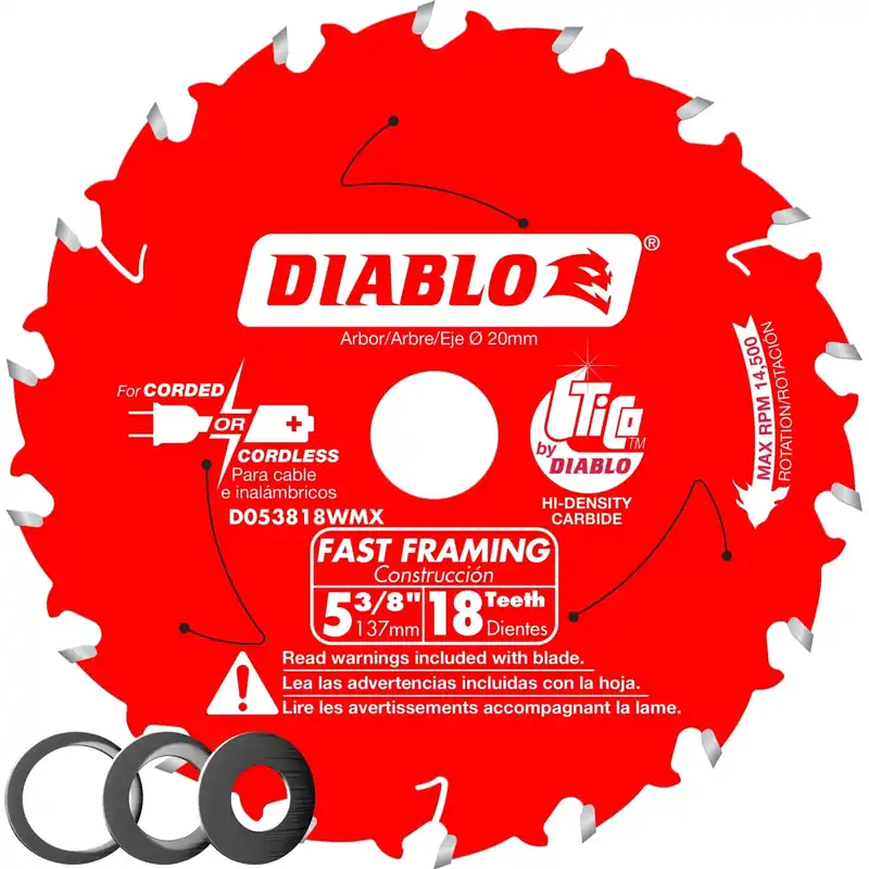 Diablo 5-3/8 In. D X 20 Mm Fast Framing TiCo Hi-Density Carbide Trim Saw Blade 18 Teeth 1 Pk