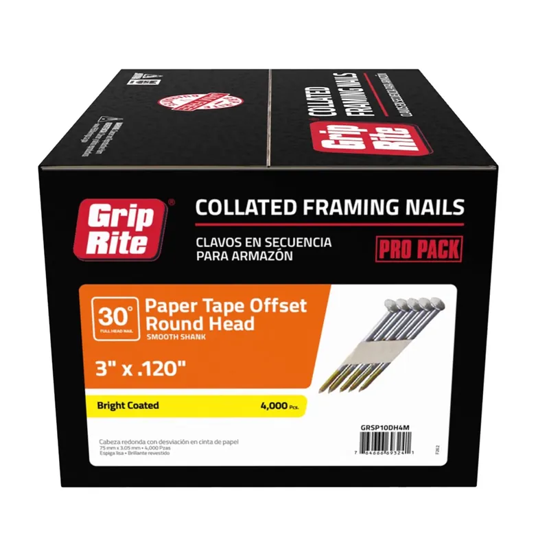 Grip-Rite 3 In. L X 12 Ga. Angled Strip Bright Framing Nails 30 Deg 4000 Pk