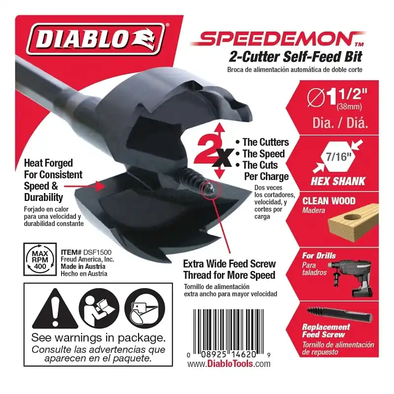 Diablo 1-1/2 In. X 5-1/8 In. L Steel Self-Feed Bit Hex Shank 1 Pk