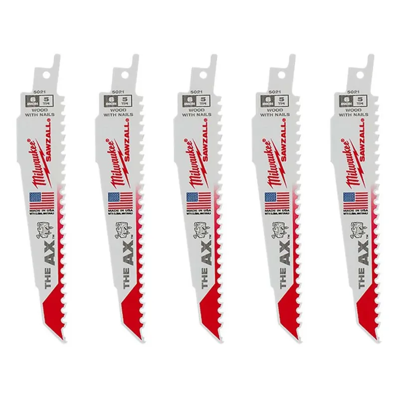 Milwaukee 6 In. 5 TPI AX Nail Embedded Wood Cutting SAWZALL Reciprocating Saw Blades (5-Pack)