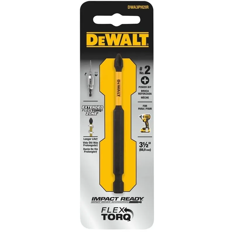 DEWALT FlexTorq 3.5‑Inch 2 Phillips Impact Screwdriver Bit – Hex Shank, Steel Build
