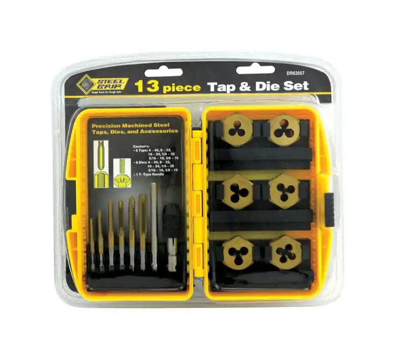 Steel Sae Tap And Die Set 6-32, 8-32, 10-24, 10-32, 1/4-20, 5/16-8 13 Pc