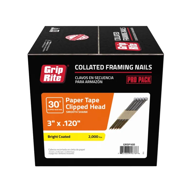 Grip-Rite 3 In. L X 12 Ga. Angled Strip Bright Framing Nails 30 Deg 2000 Pk