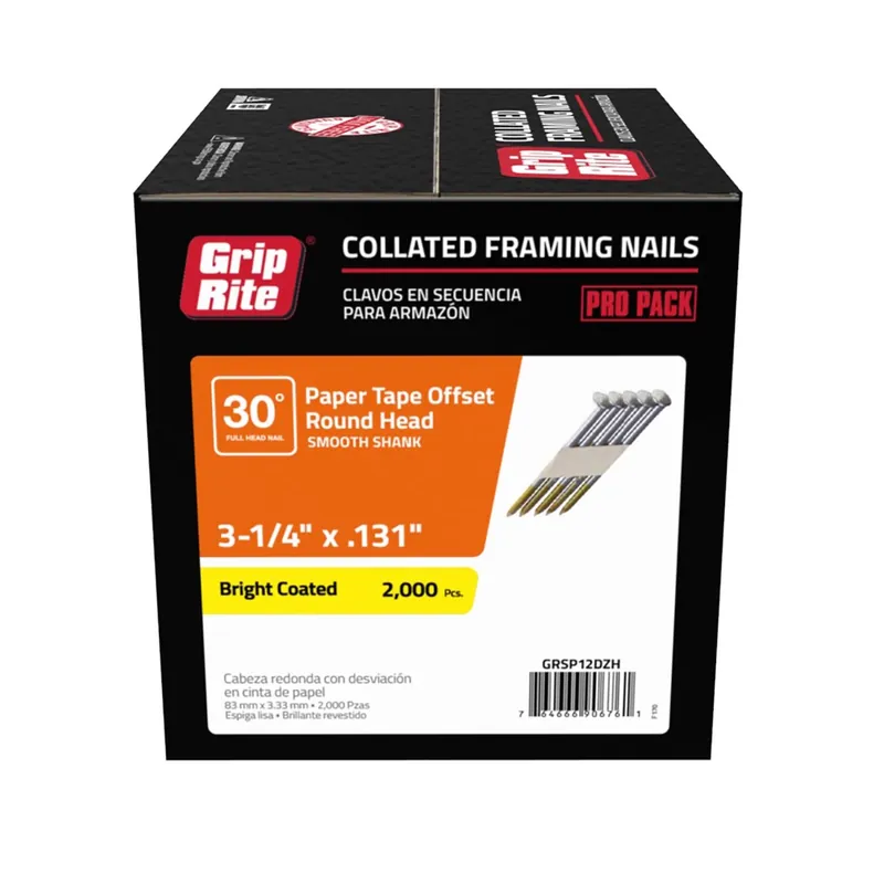 Grip-Rite 3-1/4 In. L Angled Strip Bright Framing Nails 30 Deg 2000 Pk