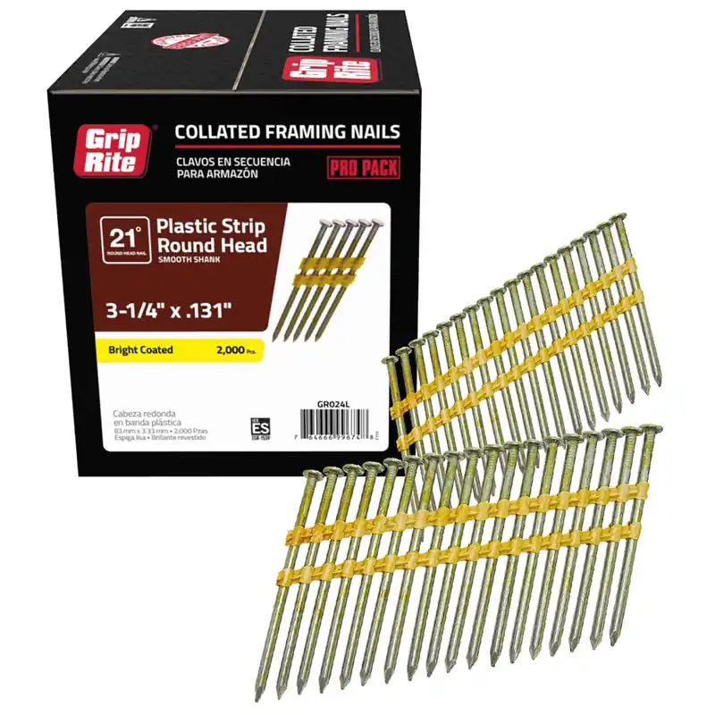 Grip-Rite 3-1/4 In. L X 10-1/4 Ga. Angled Strip Bright Framing Nails 21 Deg 2000 Pk
