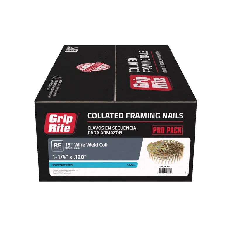 Grip-Rite 1-1/4 In. L X 11 Ga. Angled Coil Electro Galvanized Roofing Nails 15 Deg 7200 Pk