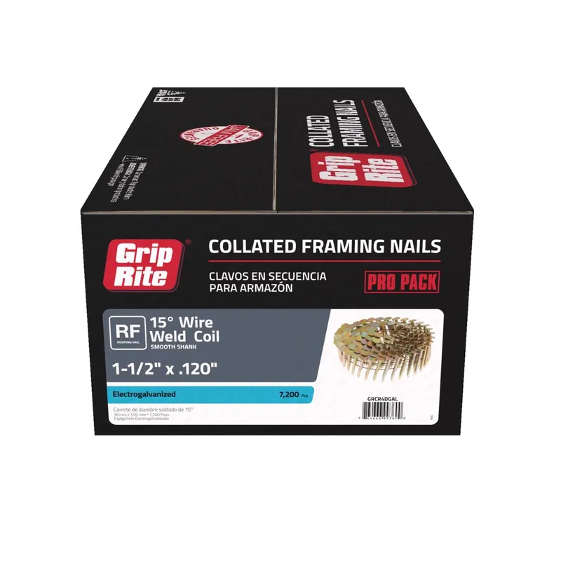 Grip-Rite 1-1/2 In. L X 11 Ga. Angled Coil Electro Galvanized Roofing Nails 15 Deg 7200 Pk