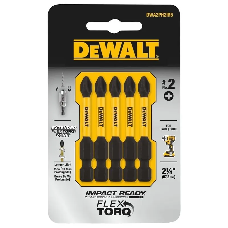 DEWALT FLEXTORQ Impact‑Ready PH2 Phillips Bit – 1/4‑in Hex Shank, 2.25‑in Steel