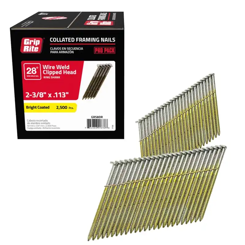 Grip-Rite 2-3/8 In. L X 11-1/2 Ga. Angled Strip Bright Framing Nails 28 Deg 2500 Pk