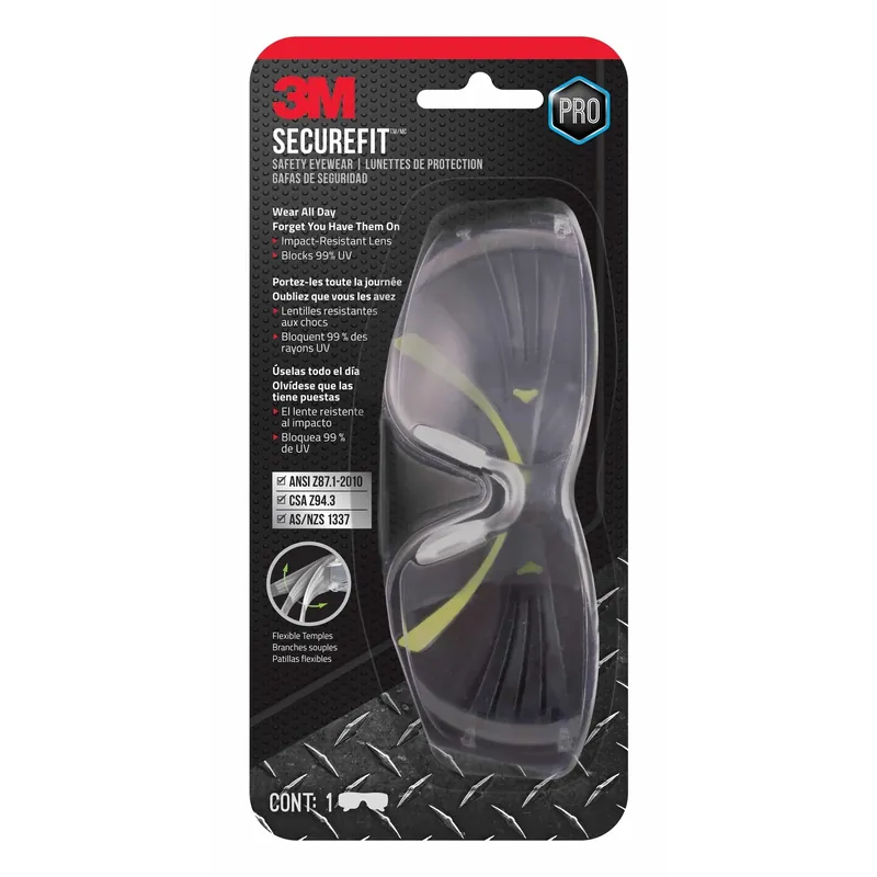 3M SecureFit Anti-Fog Safety Glasses Clear Lens Black/Green Frame 1 Pc