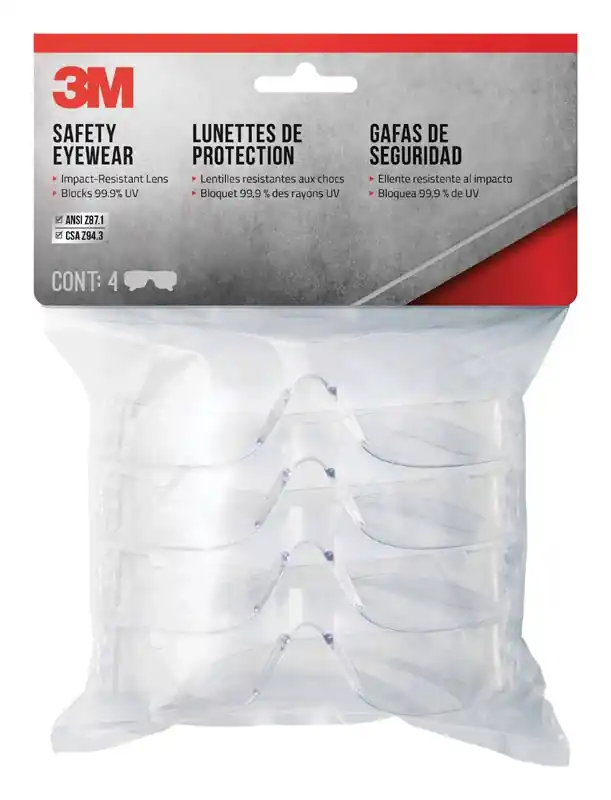 3M Impact-Resistant Safety Glasses Clear Lens Clear Frame 4 Pk