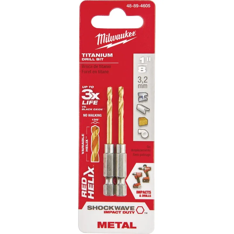 Milwaukee Shockwave 1/8 In. X 2.62 In. L Titanium Red Helix Drill Bit Hex Shank 2 Pc
