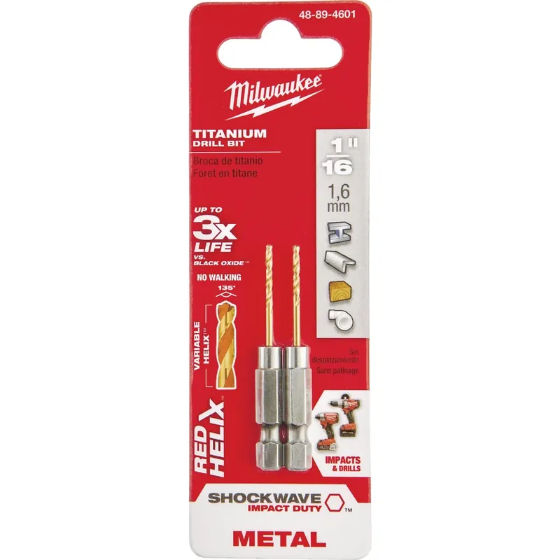 Milwaukee Shockwave 1/16 In. X 2-1/4 In. L Titanium Red Helix Drill Bit Hex Shank 2 Pc