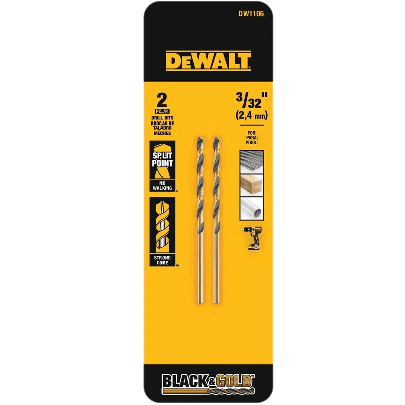 DeWalt Black & Gold 3/32 In. X 2-1/4 In. L High Speed Steel Split Point Drill Bit Round Shank 2 Pc