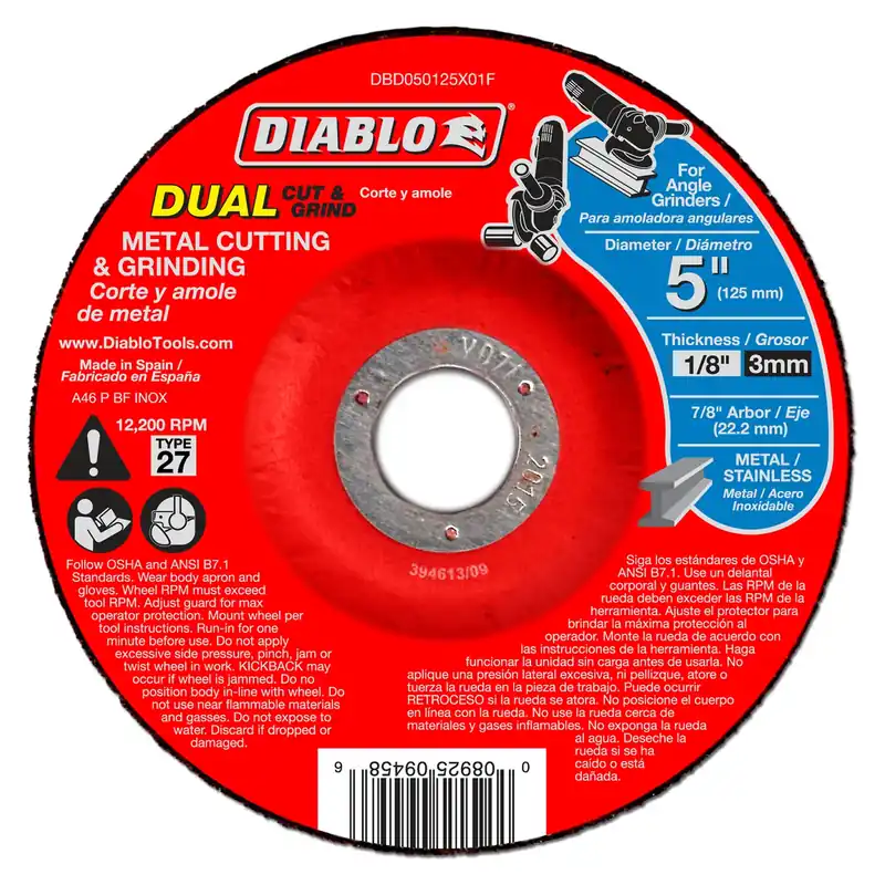 Dual Metal Cutting & Grinding Discs, Type 27, 5 X 1/8 X 7/8-In.