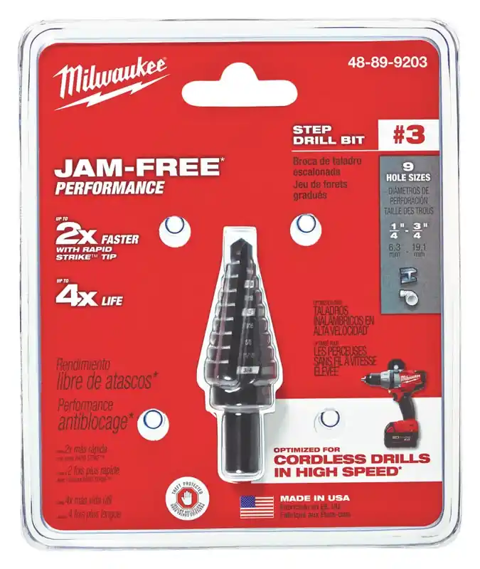 1/4 In. - 3/4 In. 3 Step Drill Bit, 9 Steps, Black Oxide