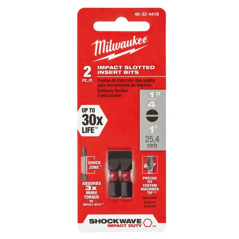 Milwaukee Shockwave Slotted 1/4 In. X 1 In. L Insert Bit Steel 2 Pc
