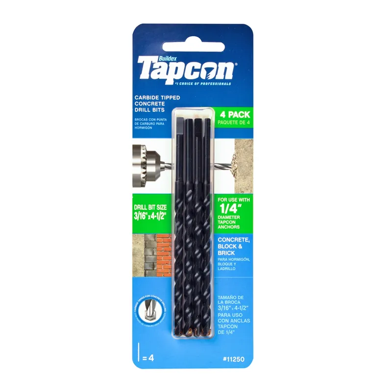 Tapcon 3/16 In. X 4-1/2 In. L Carbide Tipped Concrete Masonry Drill Bit Set Straight Shank 4 Pk