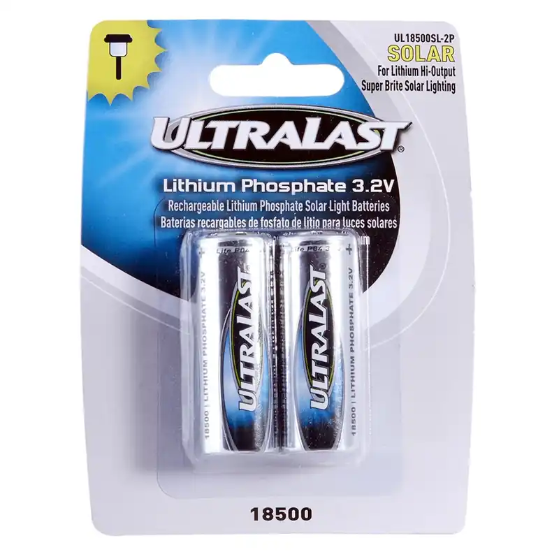 UltraLast Lithium Phosphate 18500 3.2 V 1 MAh Solar Rechargeable Battery 2 Pk