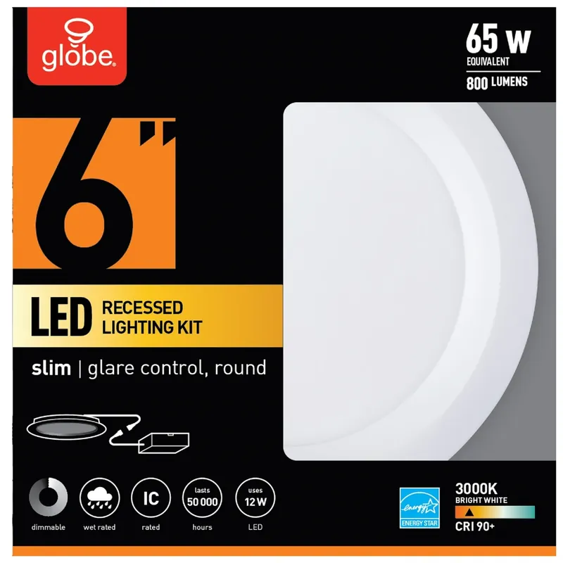 LED Integrated Ultra Slim Recessed Lighting Kit, Regressed Trim, White Finish, 12-Watts, 6-In.