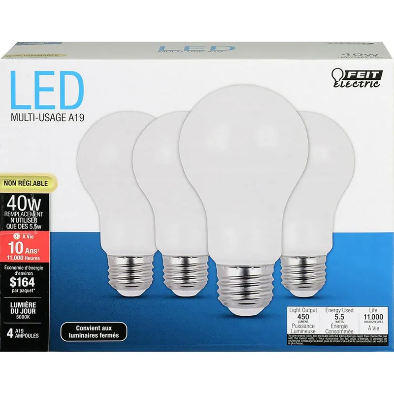 Feit A19 E26 (Medium) LED Bulb Daylight 40 Watt Equivalence 4 Pk