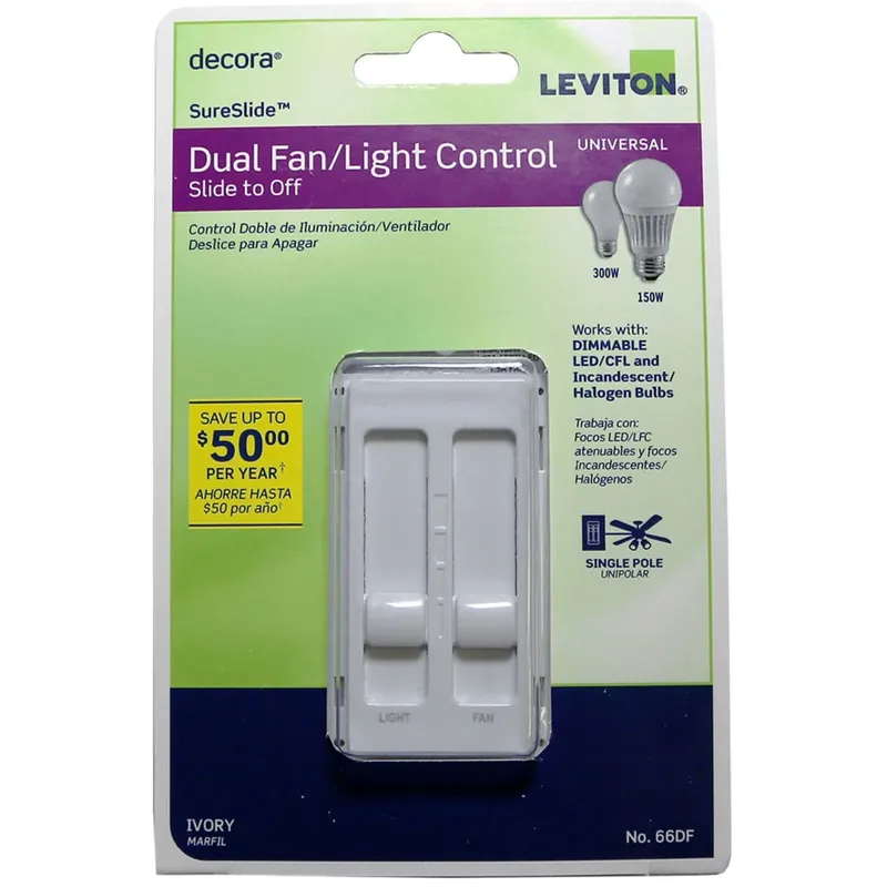 Leviton Decora SureSlide Ivory Fan/LED Dimmer Slide Switch 1 Pk