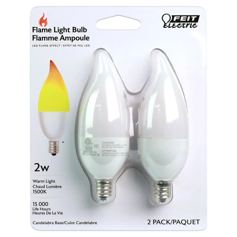 Feit CA10 (Flame Tip) E12 (Candelabra) LED Flame Bulb Warm White 2 Watt Equivalence 2 Pk