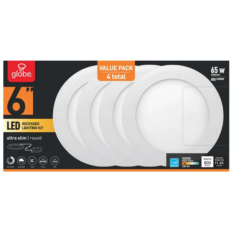 Globe Electric Ultra Slim Energy Star White 6 In. W Aluminum LED Canless Recessed Downlight 12 W