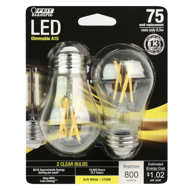 Feit Electric Acres A15 E26 (Medium) Filament LED Bulb Soft White 75 Watt Equivalence 2 PK