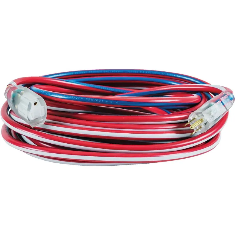 Patriotic Heavy‑Duty 12/3 Extension Cord – 100 ft Red‑White‑Blue Striped, Indoor/Outdoor, UL‑Listed