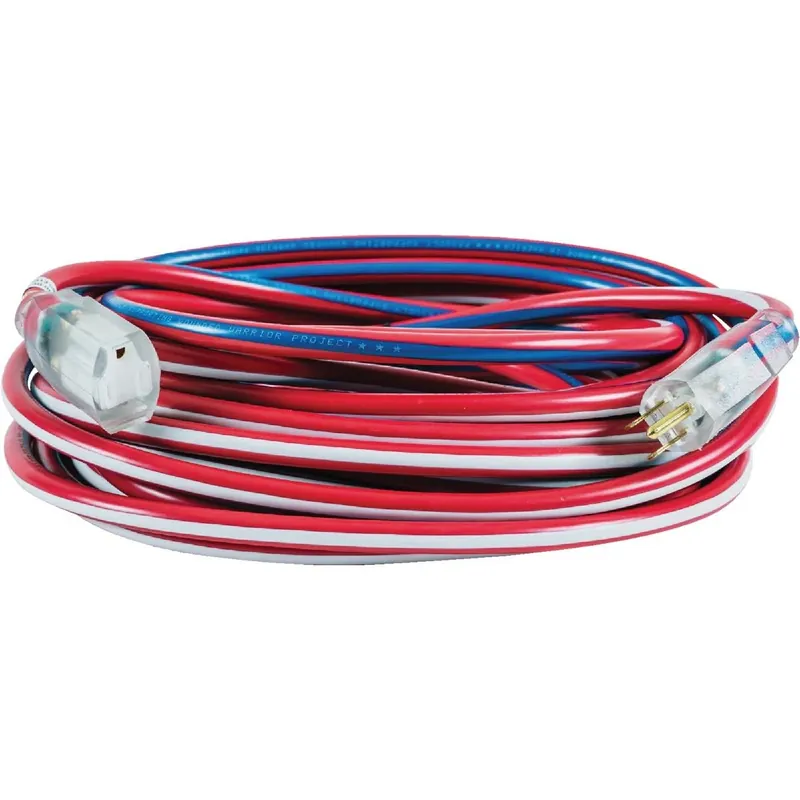 Patriotic 25‑Foot Heavy‑Duty Extension Cord – Red, White & Blue Striped, Indoor/Outdoor, UL‑Listed