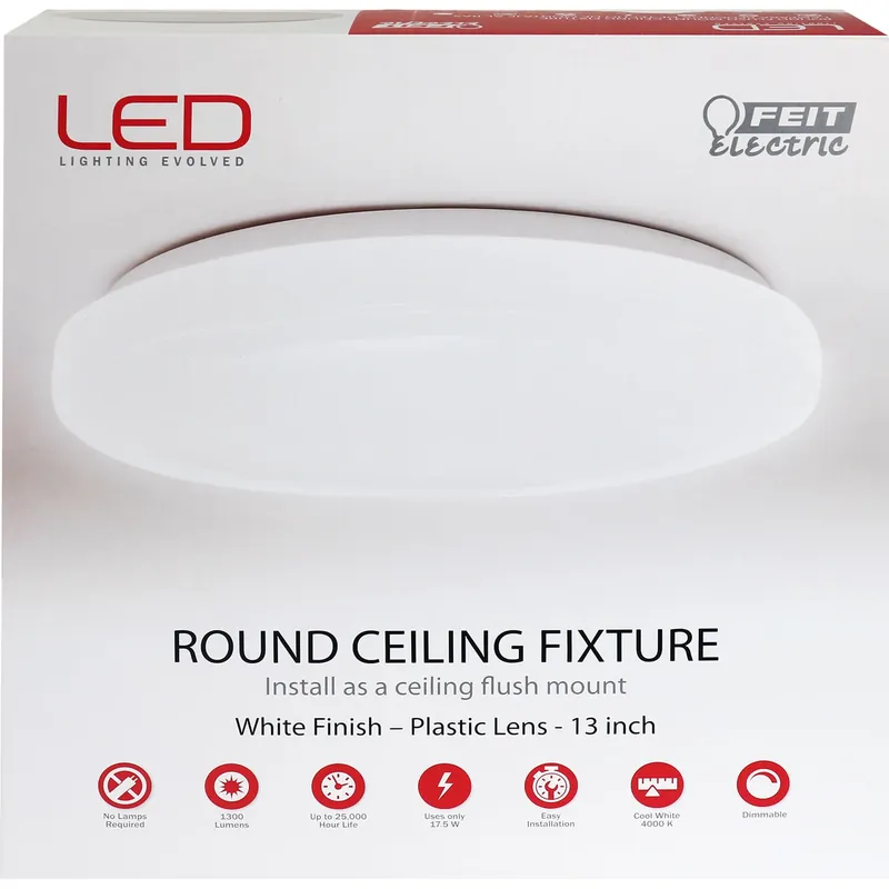 13 In. Round Led Ceiling Light Fixture - 1300 Lumens, Dimmable, White