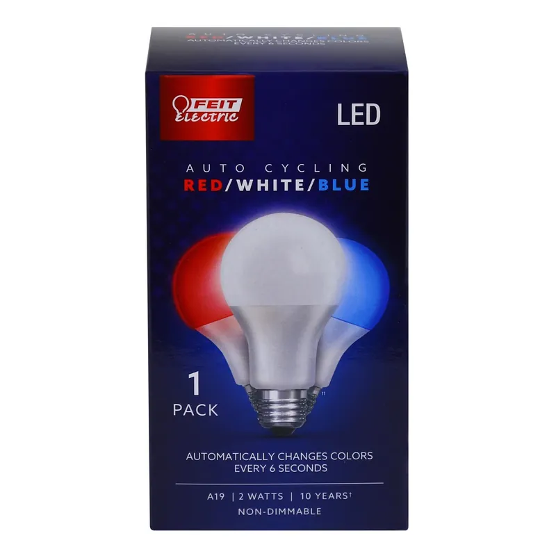 Feit A19 E26 (Medium) Auto Cycling LED Bulb Blue/Red/White 2 Watt Equivalence 1 Pk