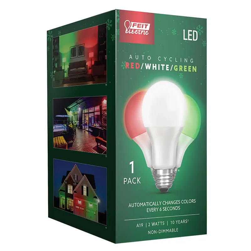 Feit A19 E26 (Medium) Auto Cycling LED Bulb Green/Red/White 2 Watt Equivalence 1 Pk