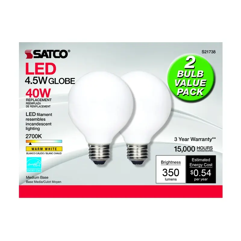 Satco G25 E26 (Medium) LED Bulb Warm White 40 Watt Equivalence 2 Pk