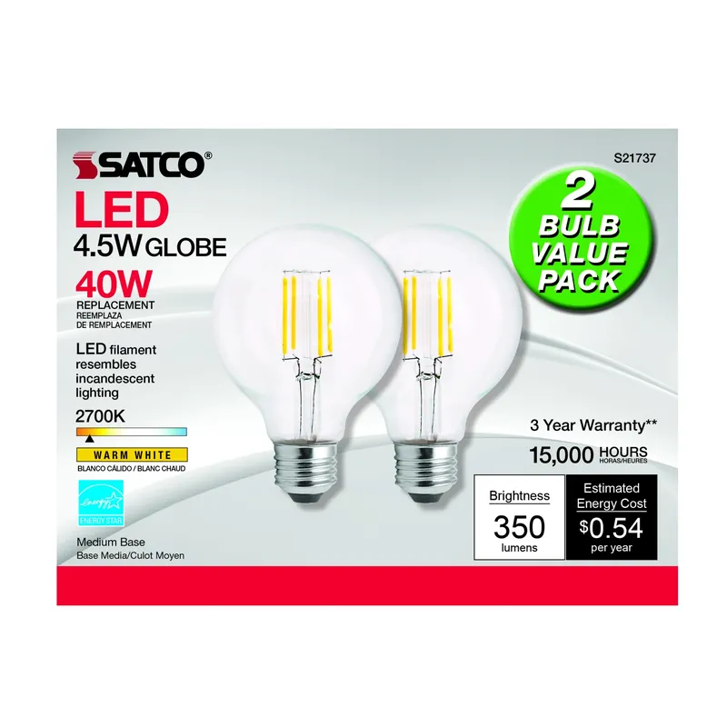 Satco G25 E26 (Medium) LED Bulb Warm White 40 Watt Equivalence 2 Pk