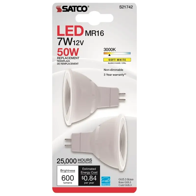 Satco MR16 GU5.3 LED Bulb Soft White 50 Watt Equivalence 2 Pk