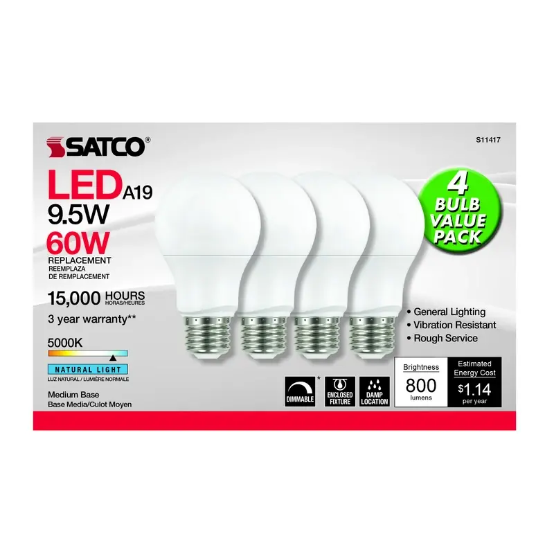 Satco A19 E26 (Medium) LED Bulb Natural Light 60 Watt Equivalence 4 Pk
