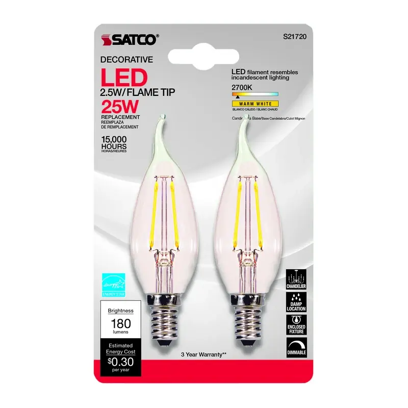 Satco CA10 (Flame Tip) E12 (Candelabra) LED Bulb Warm White 25 Watt Equivalence 2 Pk