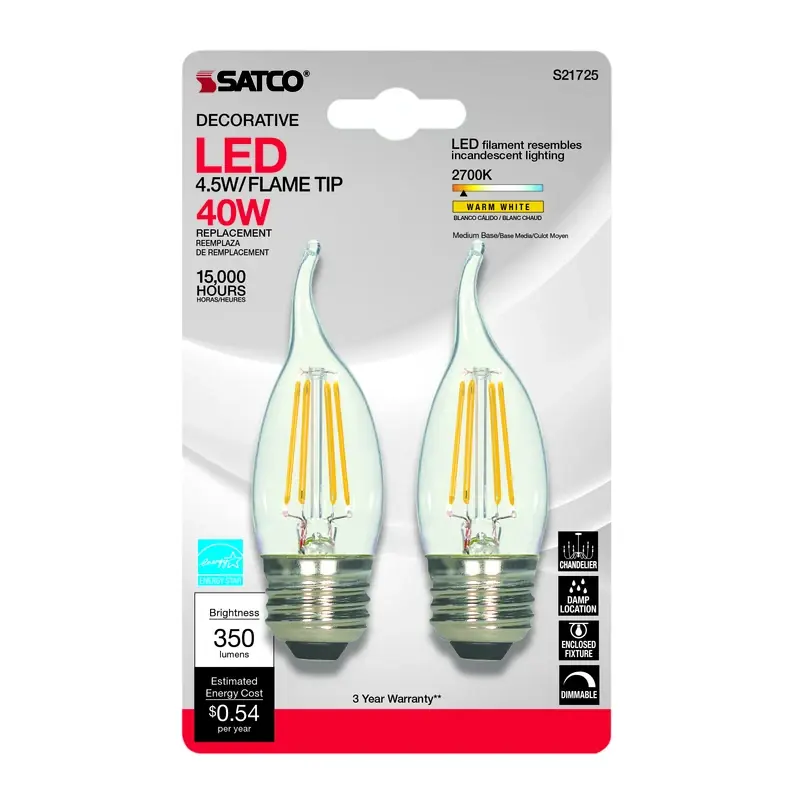Satco CA10 (Flame Tip) E26 (Medium) LED Bulb Warm White 40 Watt Equivalence 2 Pk