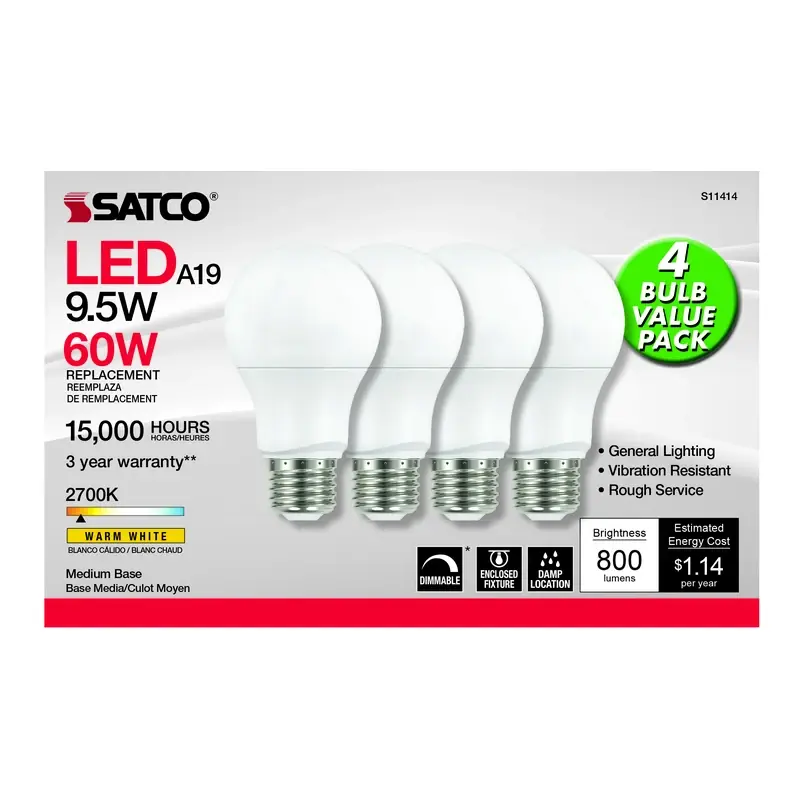 Satco A19 E26 (Medium) LED Bulb Warm White 60 Watt Equivalence 4 Pk