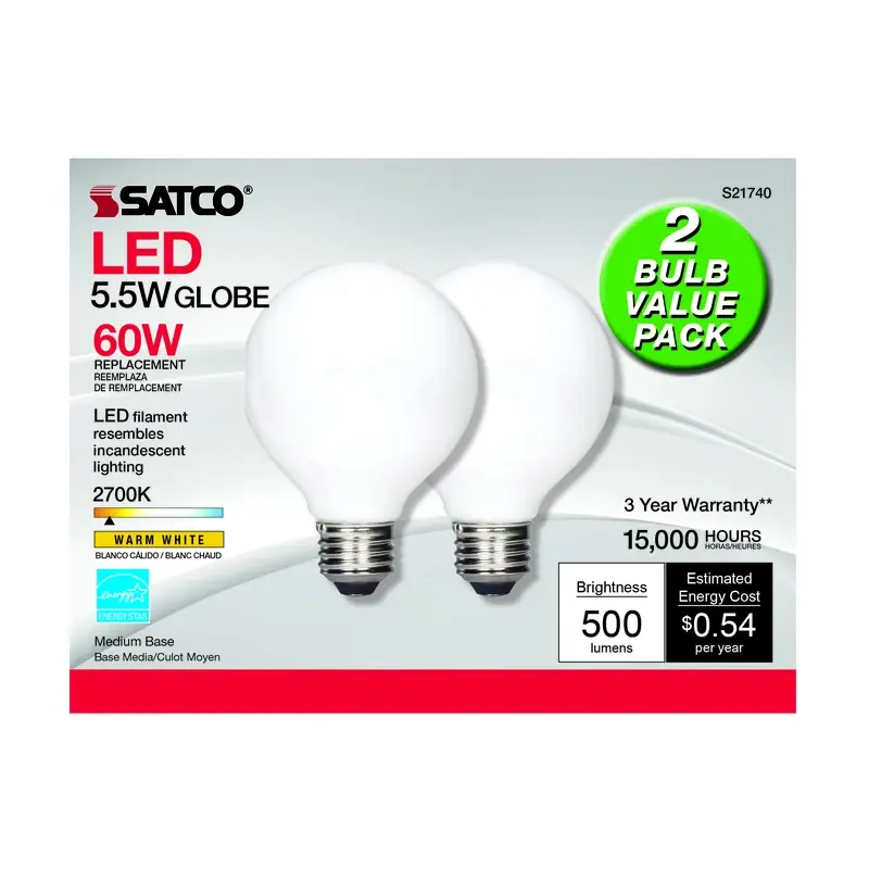 Satco G25 E26 (Medium) LED Bulb Warm White 60 Watt Equivalence 2 Pk