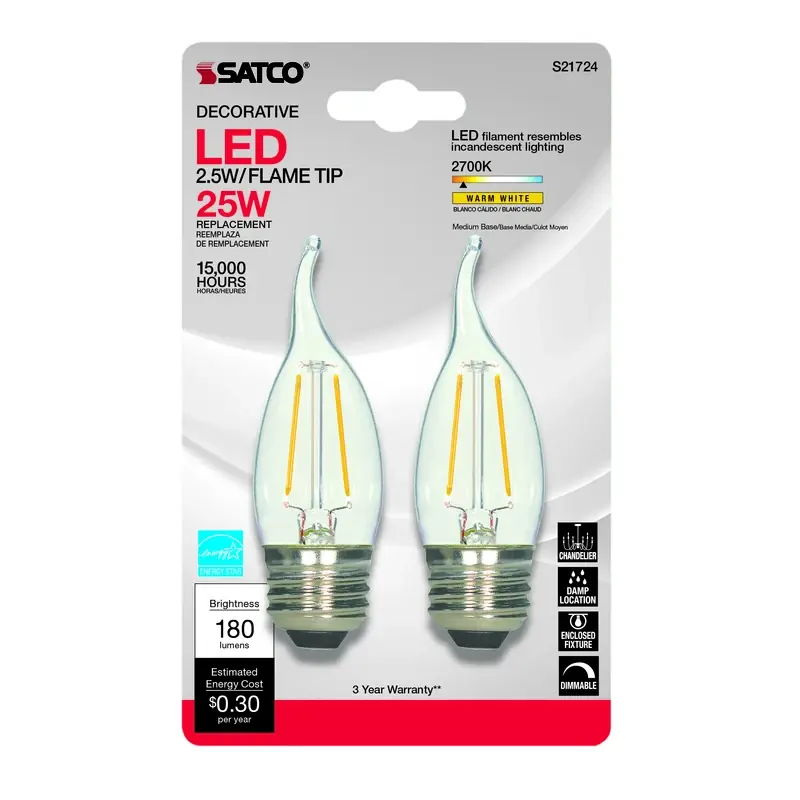Satco CA10 (Flame Tip) E26 (Medium) LED Bulb Warm White 25 Watt Equivalence 2 Pk
